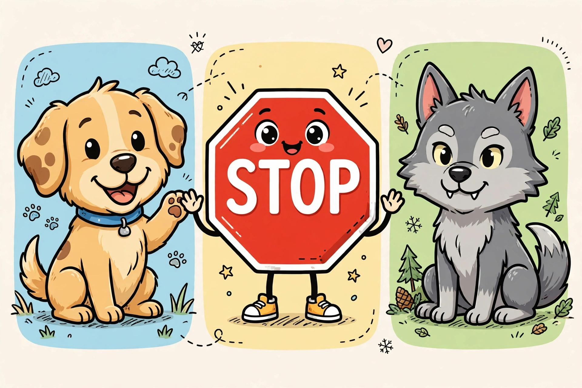 Cheerful cartoon dog, friendly stop sign, and grey wolf